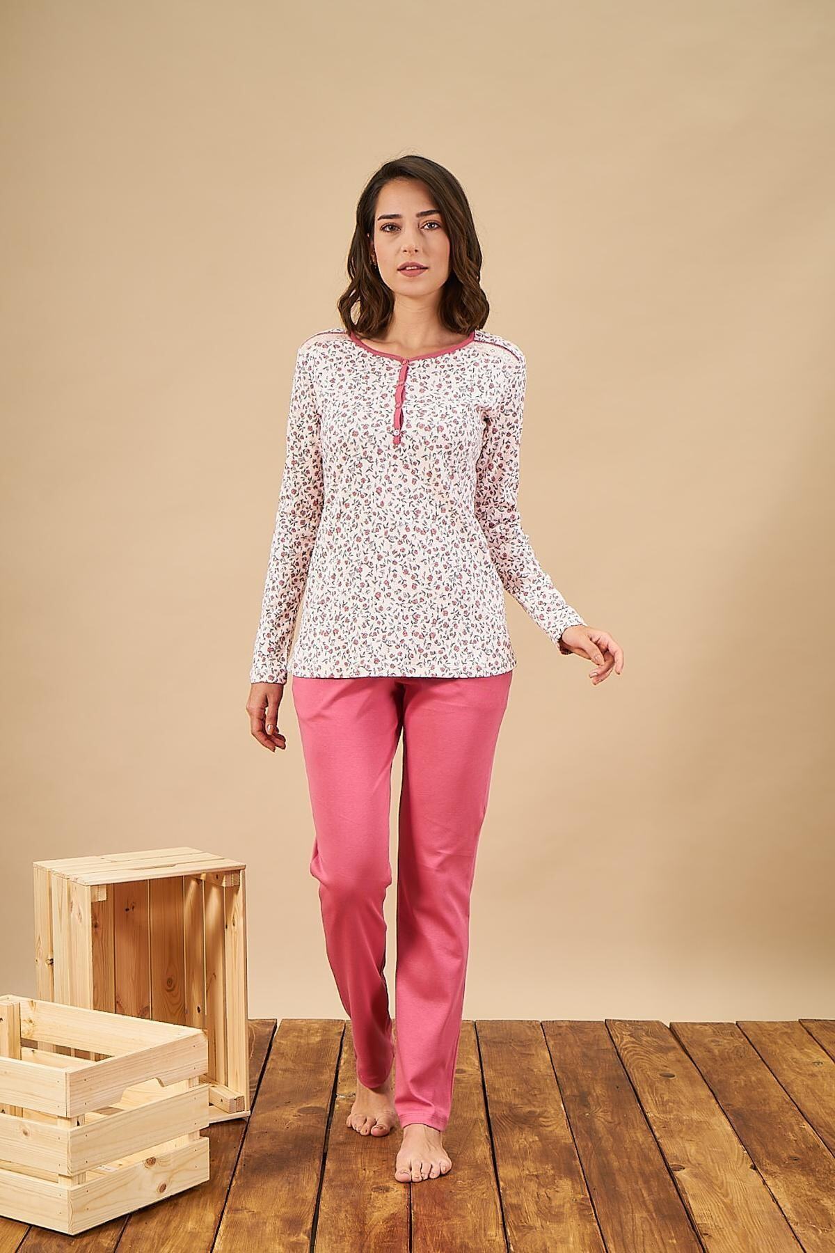 PJS Kadın Pembe Uzun Kol Pijama Takımı