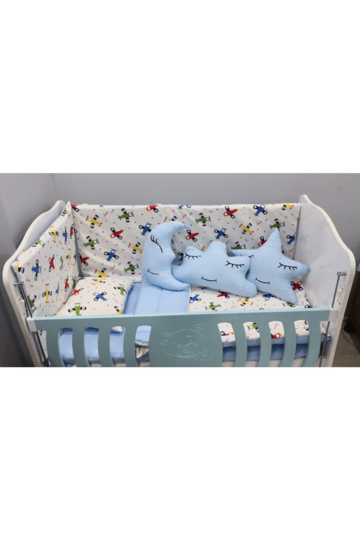 Bebek Özel 60x120 Bebek Uyku Seti Mavi/uçak Desenli Mavi Süs Yastıklı