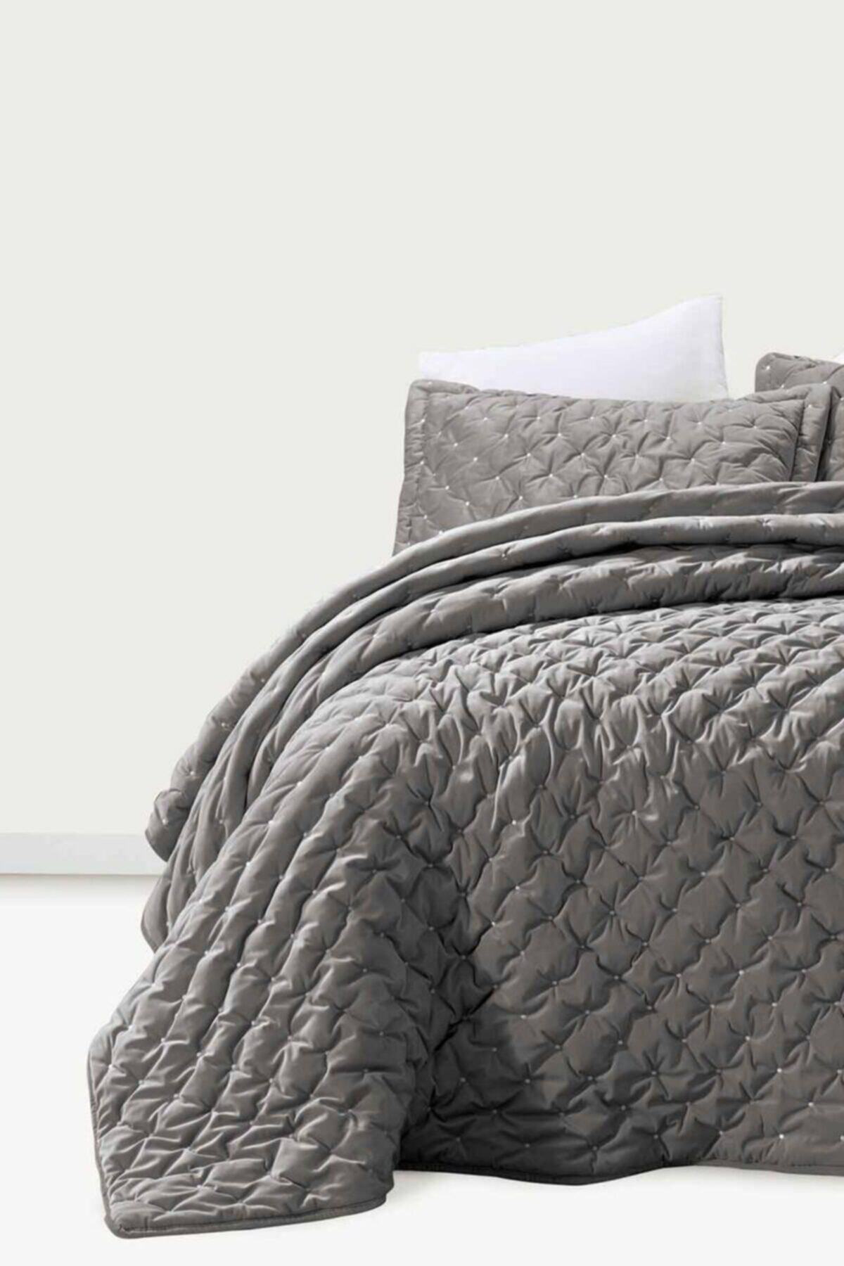 Arya Home Ansel Kadife Polyester Gri Çift Kişilik Yatak Örtüsü