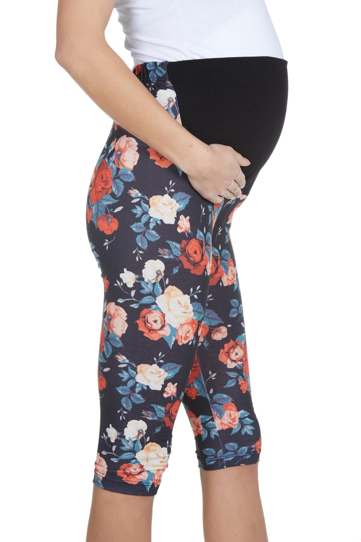 MYRA by LuvmaBelly Luvmabelly Maternity 8018 - Pamuklu Göbek Destekli Çiçekli Kapri Hamile Tayt