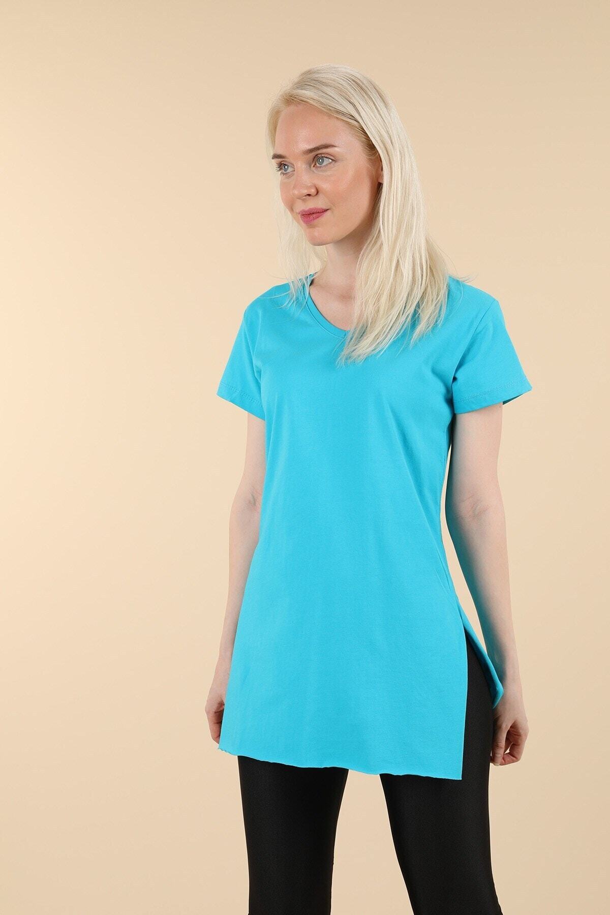 Oblavion Mavi Yırtmaçlı V Yaka T-shirt