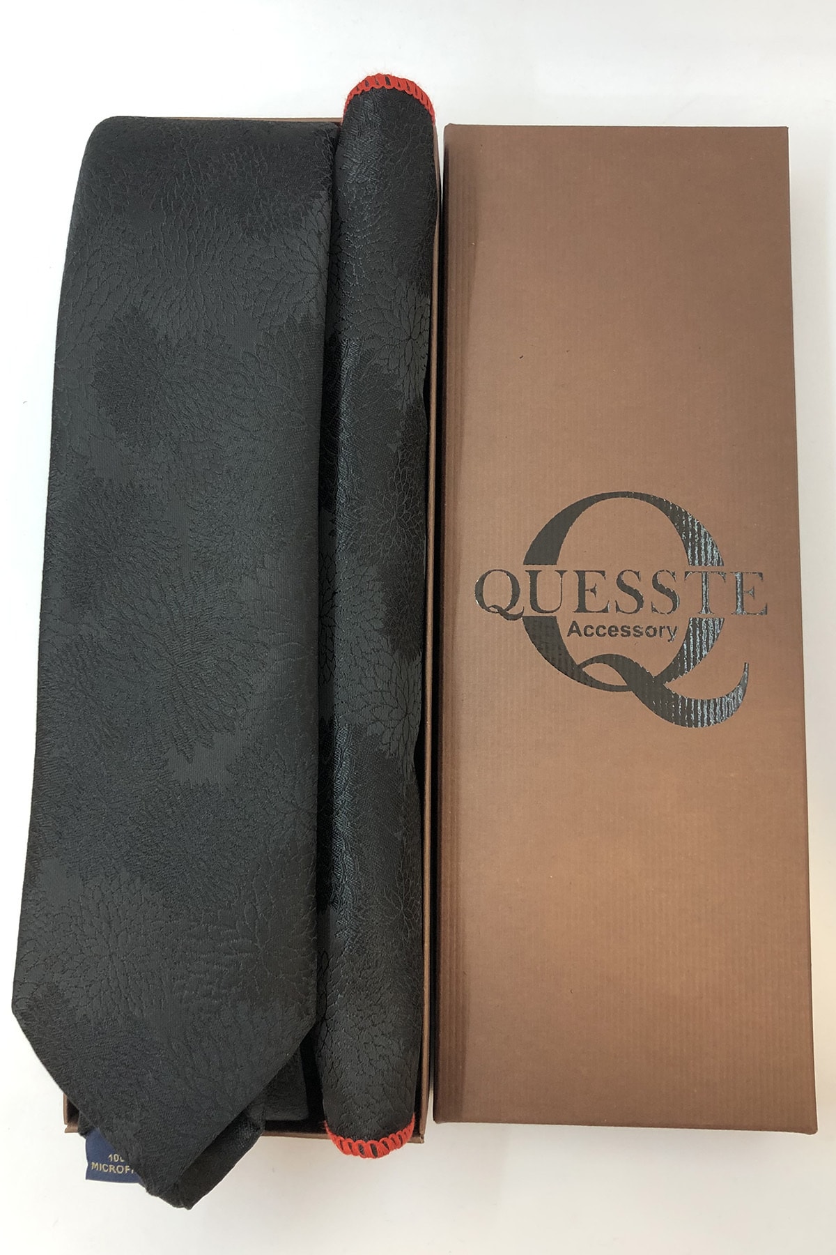 Quesste Accessory Quesste Siyah Desenli Ince Kravat Mendil Set
