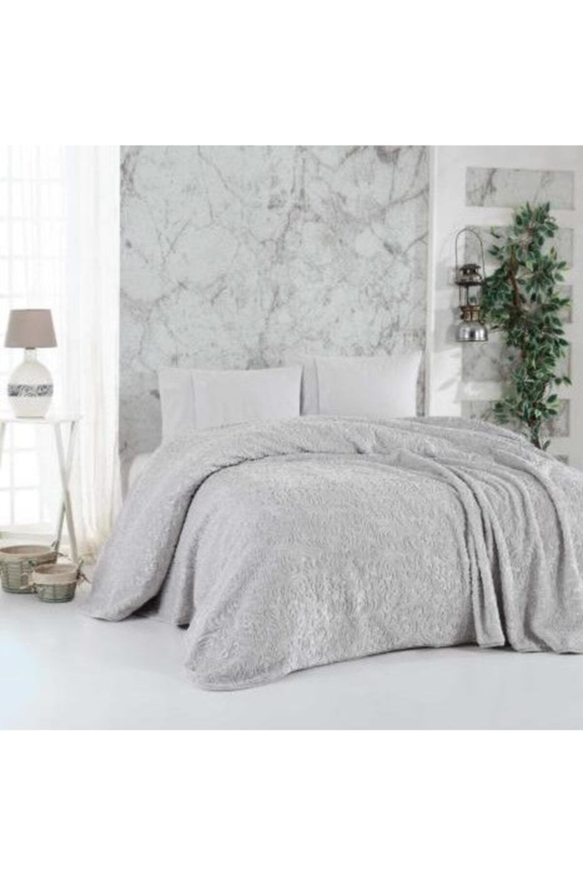 Elart Damask Embos Çift Kişilik Battaniye Gümüş