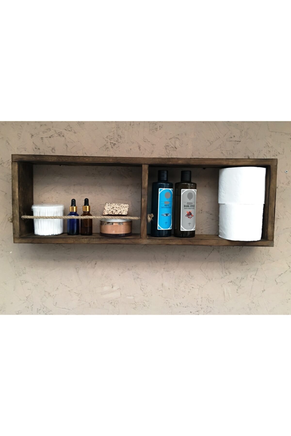 IMKER HOME Dekoratif Tasarım Halatlı 2 Gözlü Masif Ahşap Duvar Rafı Çok Amaçlı Terek Banyo Dolabı