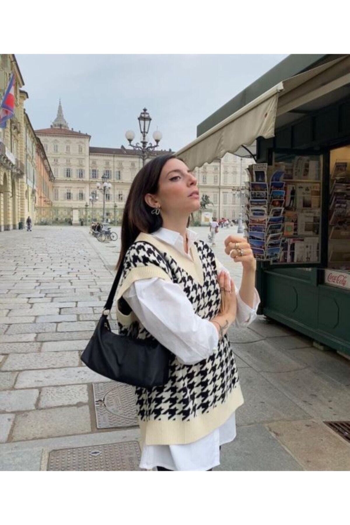 zrk Kadın Kazayağı Desenli Triko Süvater