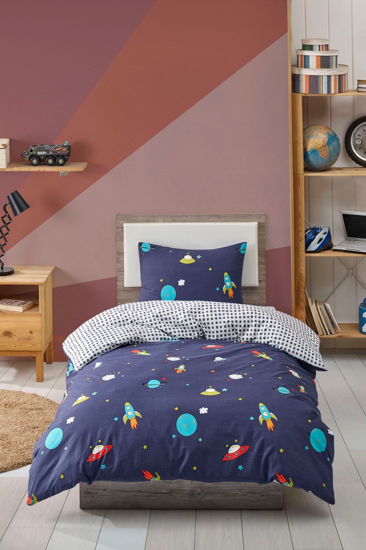 Enlora Home %100 Doğal Pamuk Nevresim Seti Tek Kişilik Kids Uzay ArduvazMavi