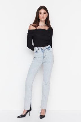 TRENDYOLMİLLA Mavi Yırtmaçlı Yüksek Bel Slim Flare Jeans TWOAW22JE0382