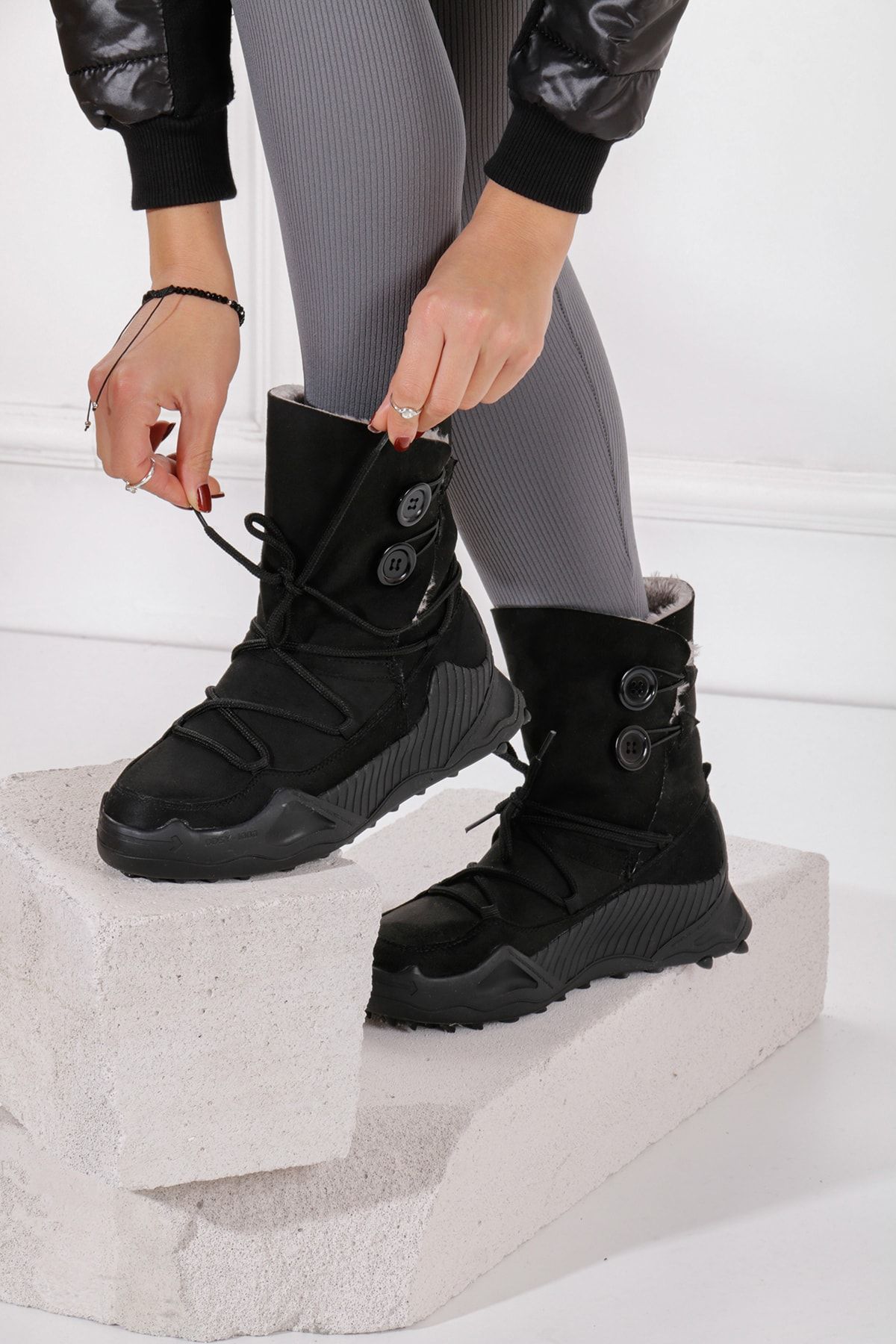 Allyup Suede Fur Women s Snow Boots with Buttons and Laces Non
