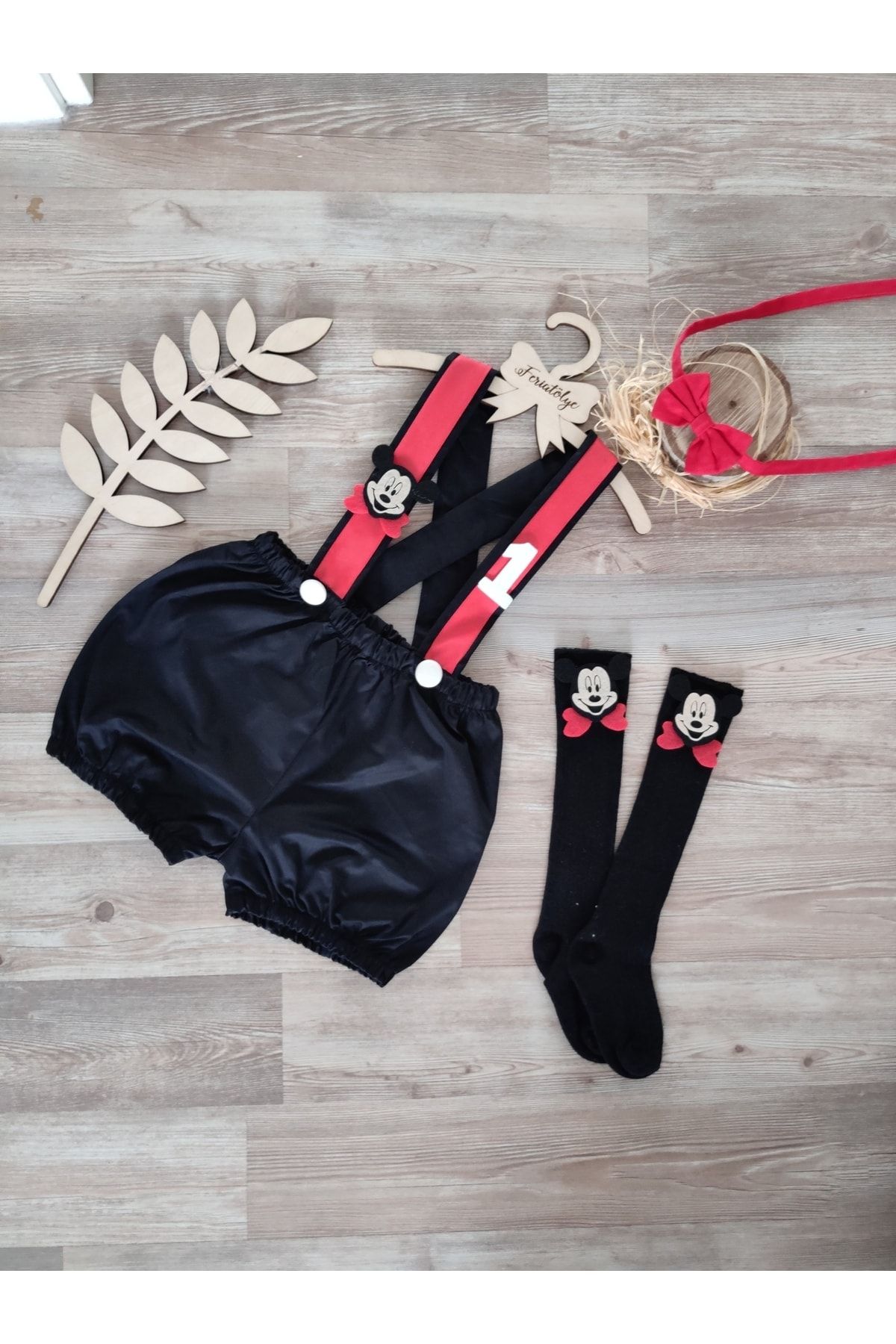 Feriatolye Mickey Mouse Boy s Black Red Striped Salopet 1st Year