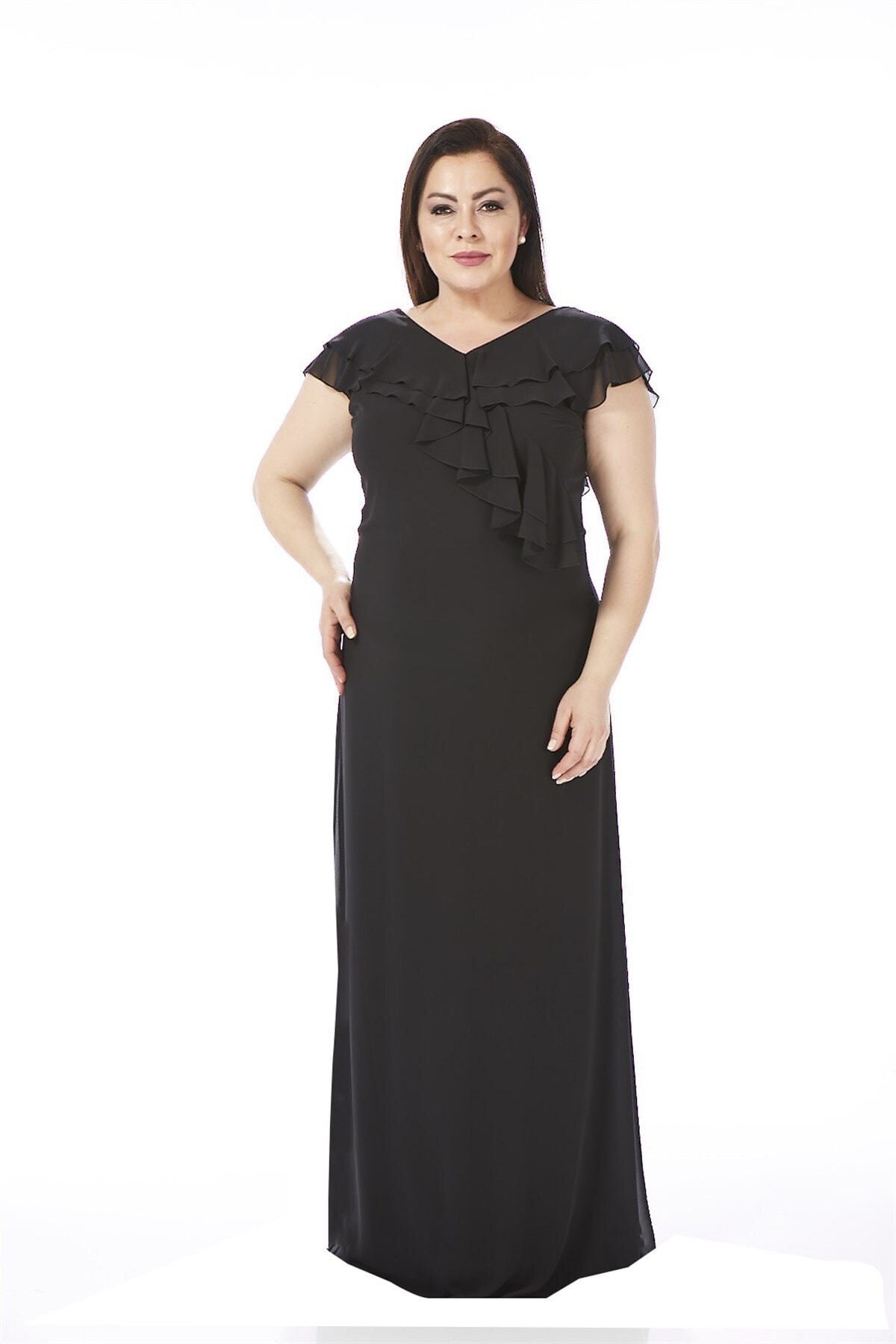 Lila 9226 Bb Yakası Önü Fırfırlı Uzun Krep Şifon Elbise