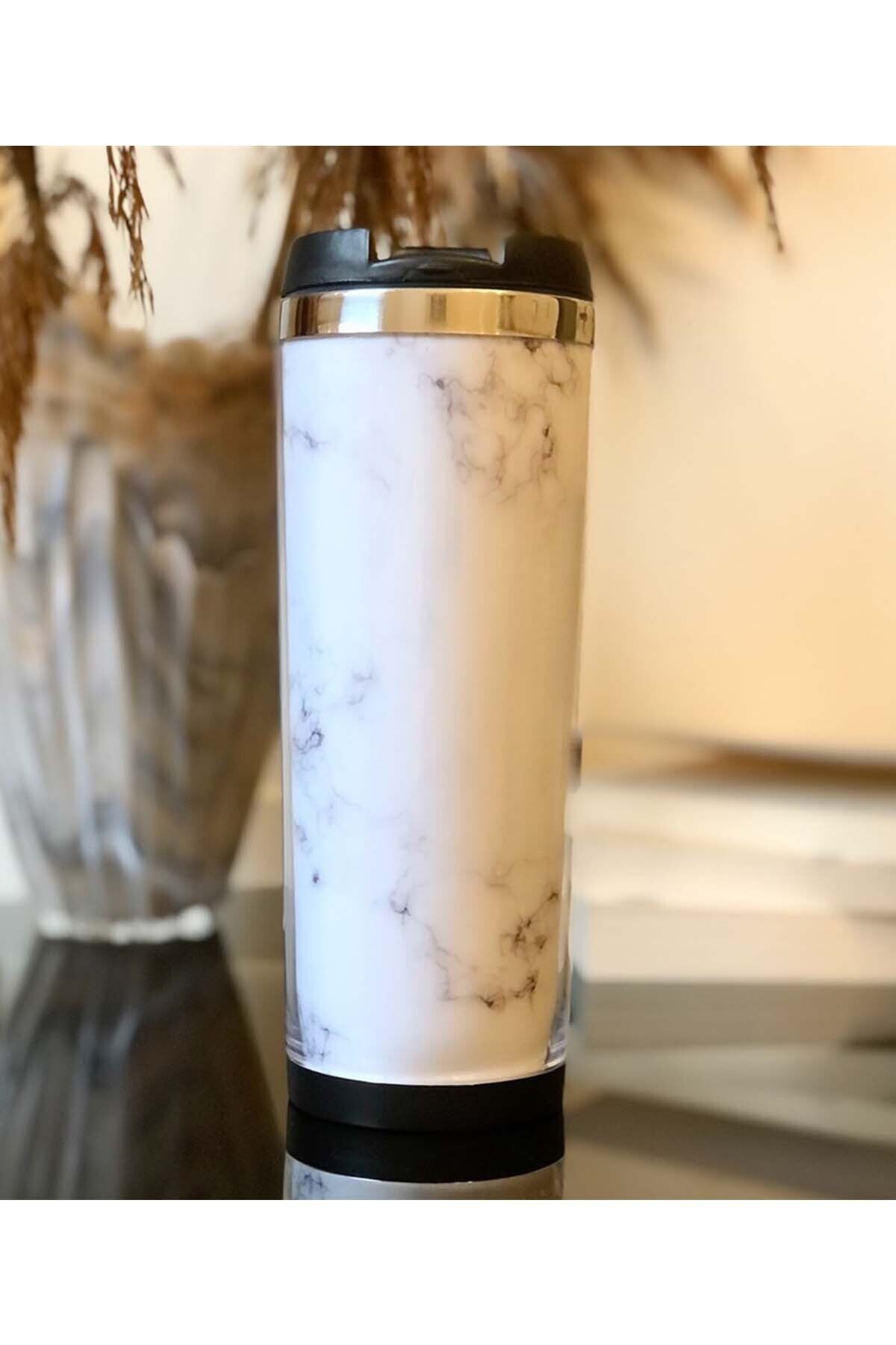 Patladı Gitti Beyaz Mermer Tasarımlı 400 ml Çelik Mug Bardak