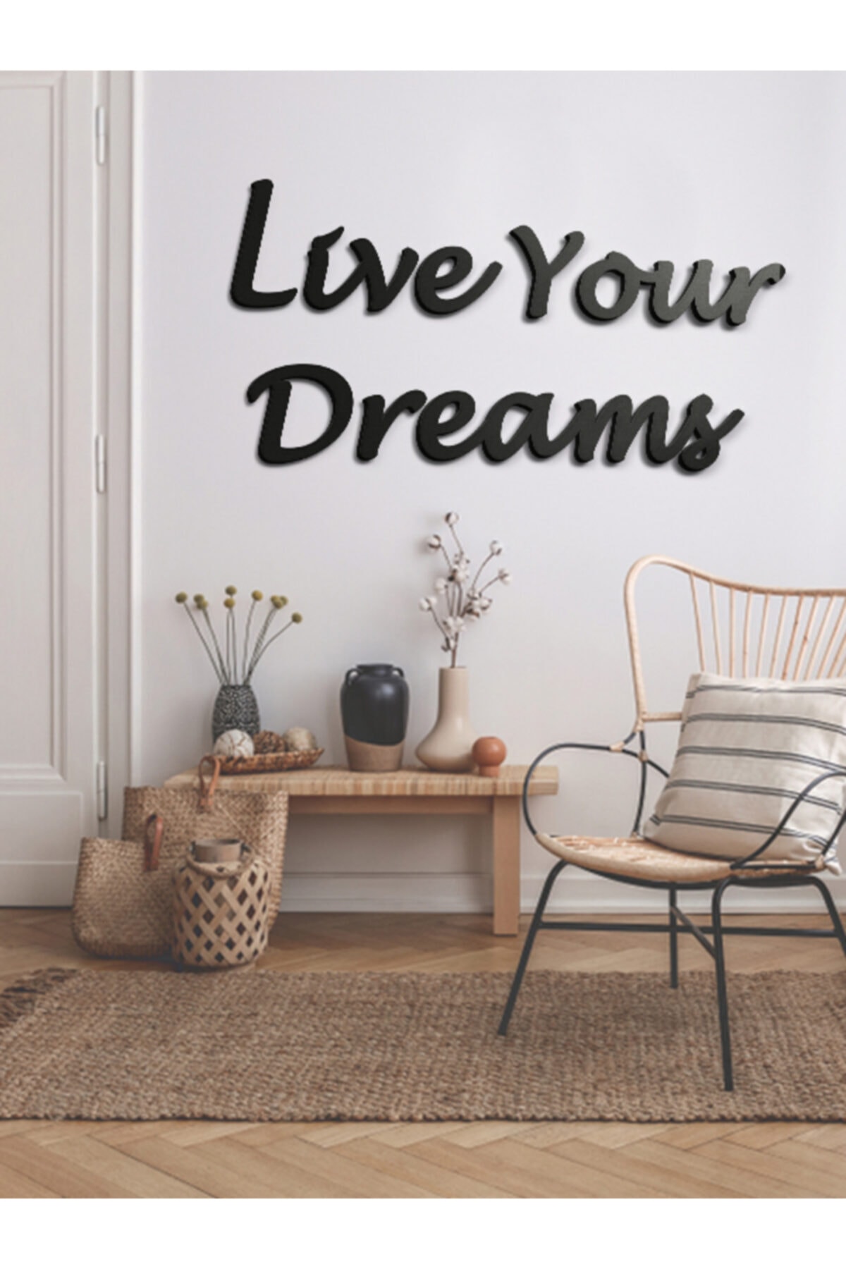 B.I.W Siyah Ahşap Lazer Kesim Dekoratif Duvar Süsü Live Your Dreams