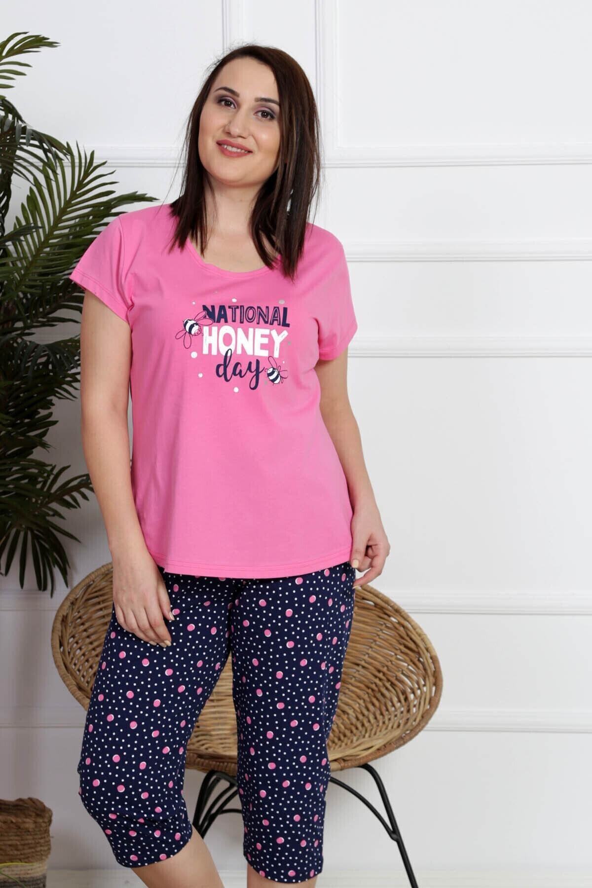 VİENETTA Kadın Pembe Kısa Kol Büyük Beden Penye Suprem Kaprili Pijama Takım