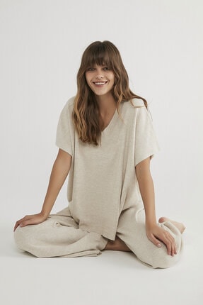 Penti Kar Melanj Oatmeal Knitted Ss Tiş&ouml;rt