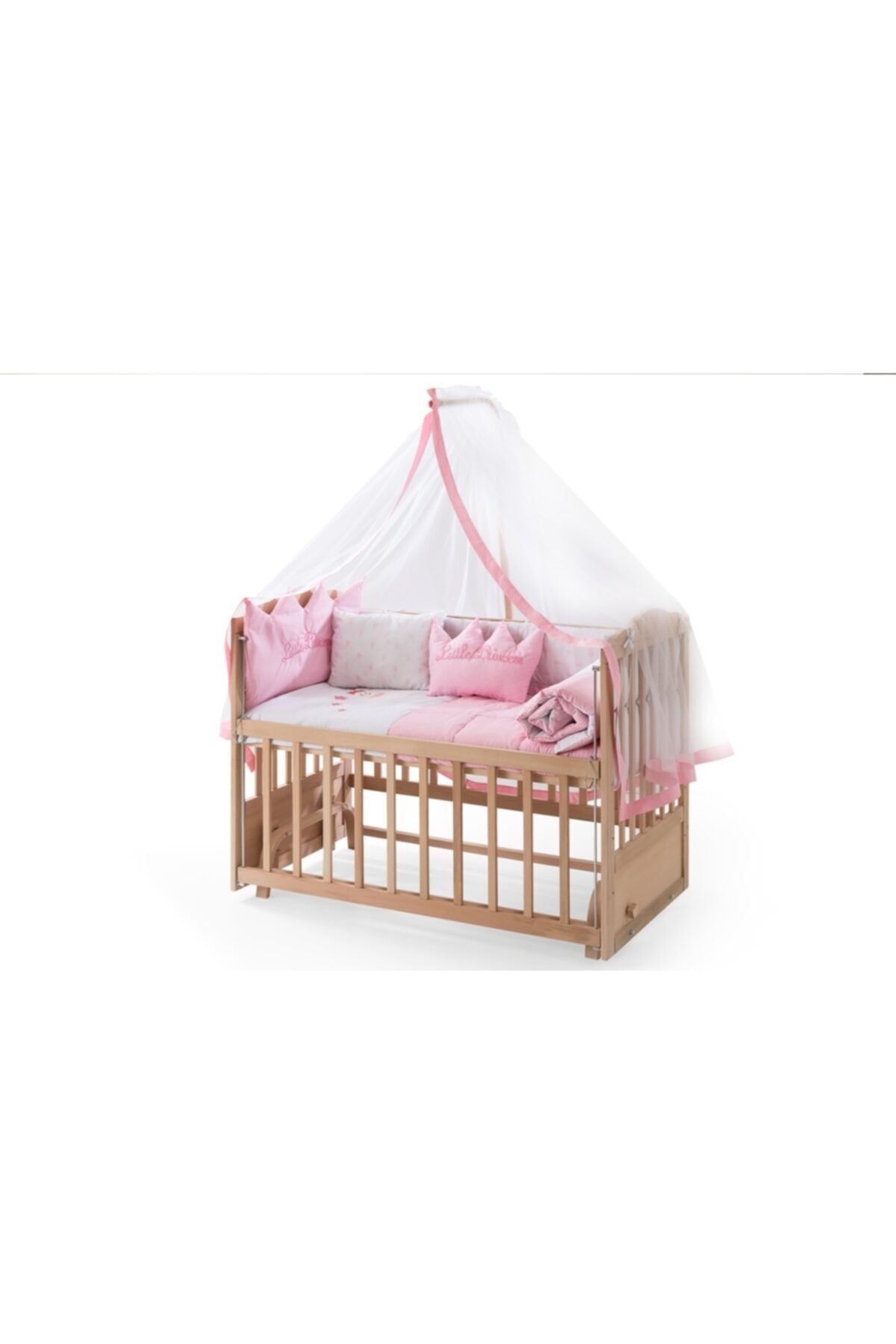 Heyner Ahşap Beşik Anne Yanı Beşik Sallanır Beşik Organik 60x120 + Pembe Prenses Uyku Seti + Yatak
