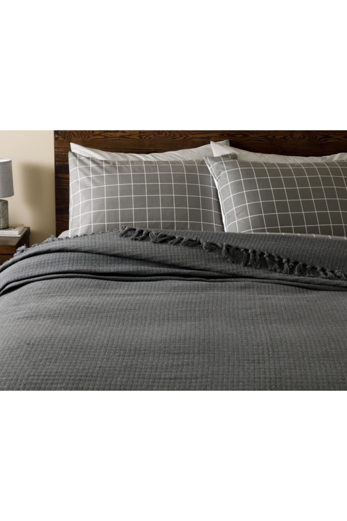 english home plaid pamuklu cift kisilik yatak ortusu 240x260 cm koyu gri fiyati yorumlari trendyol