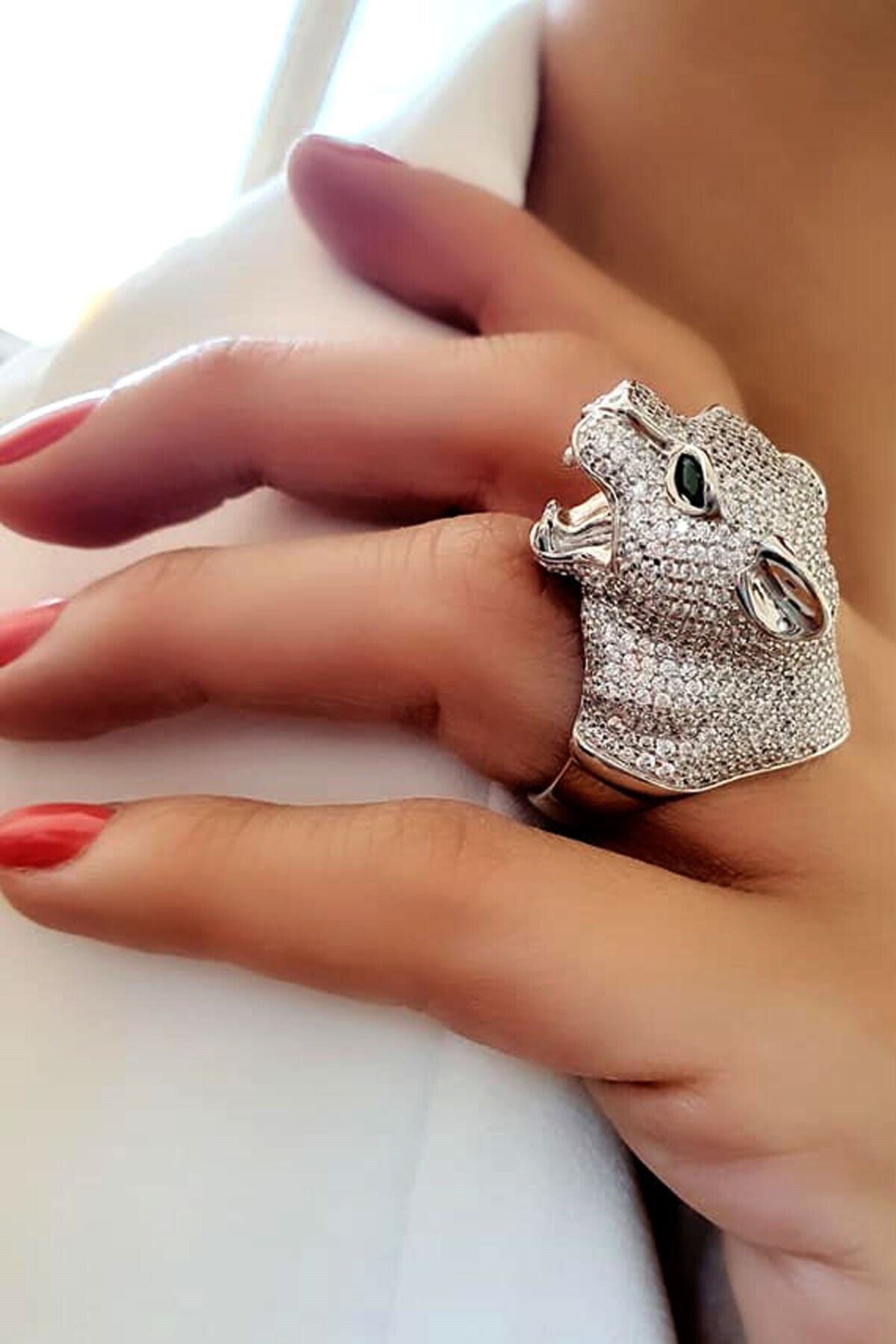 OSESHOP Pırlanta Işıltısında Zirkon Italyan Tasarımı Gümüş Kaplan Yüzük