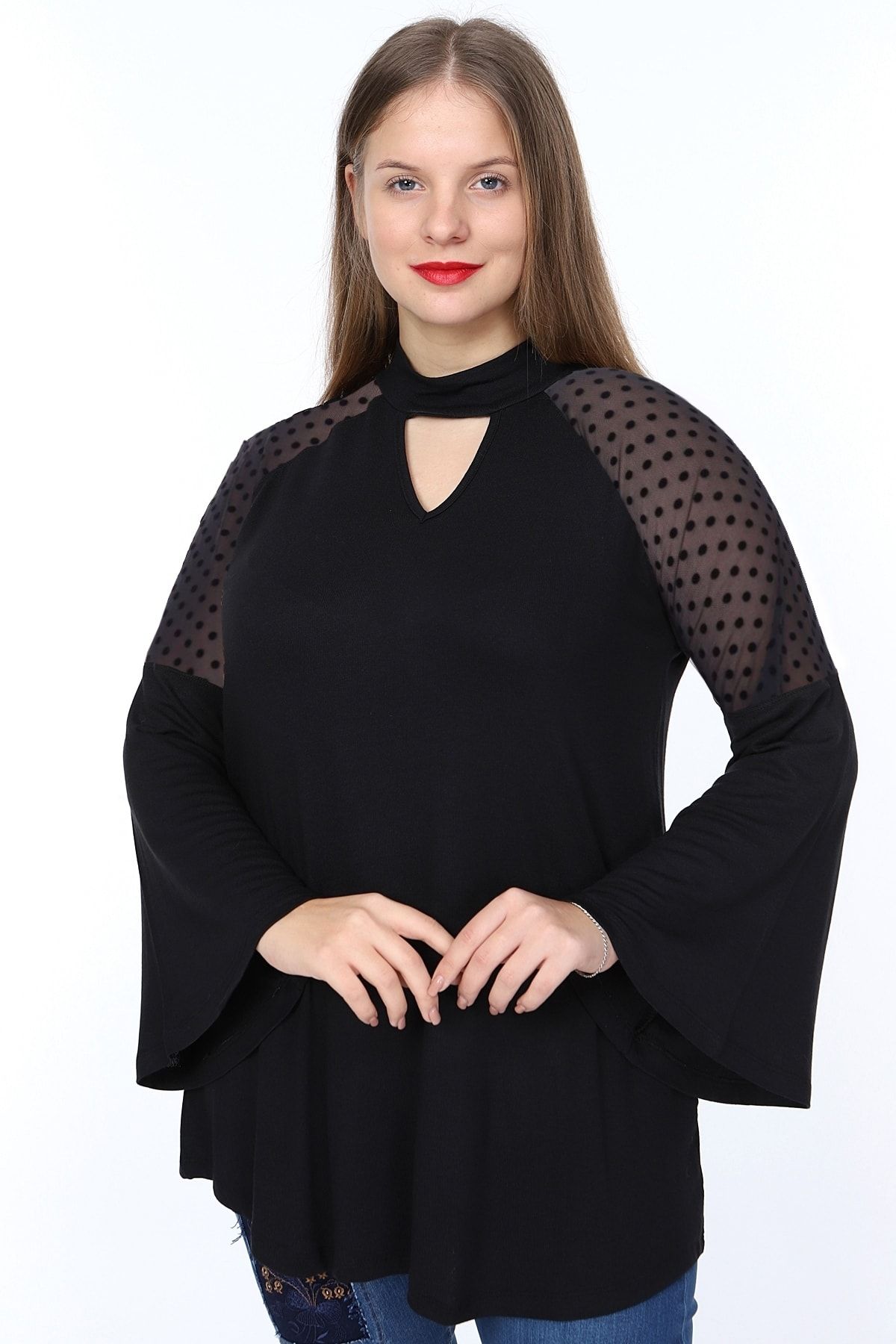 Osyoumoda Kadın Büyük Beden Yaka Pencere Detaylı Şifon Kol Bluz