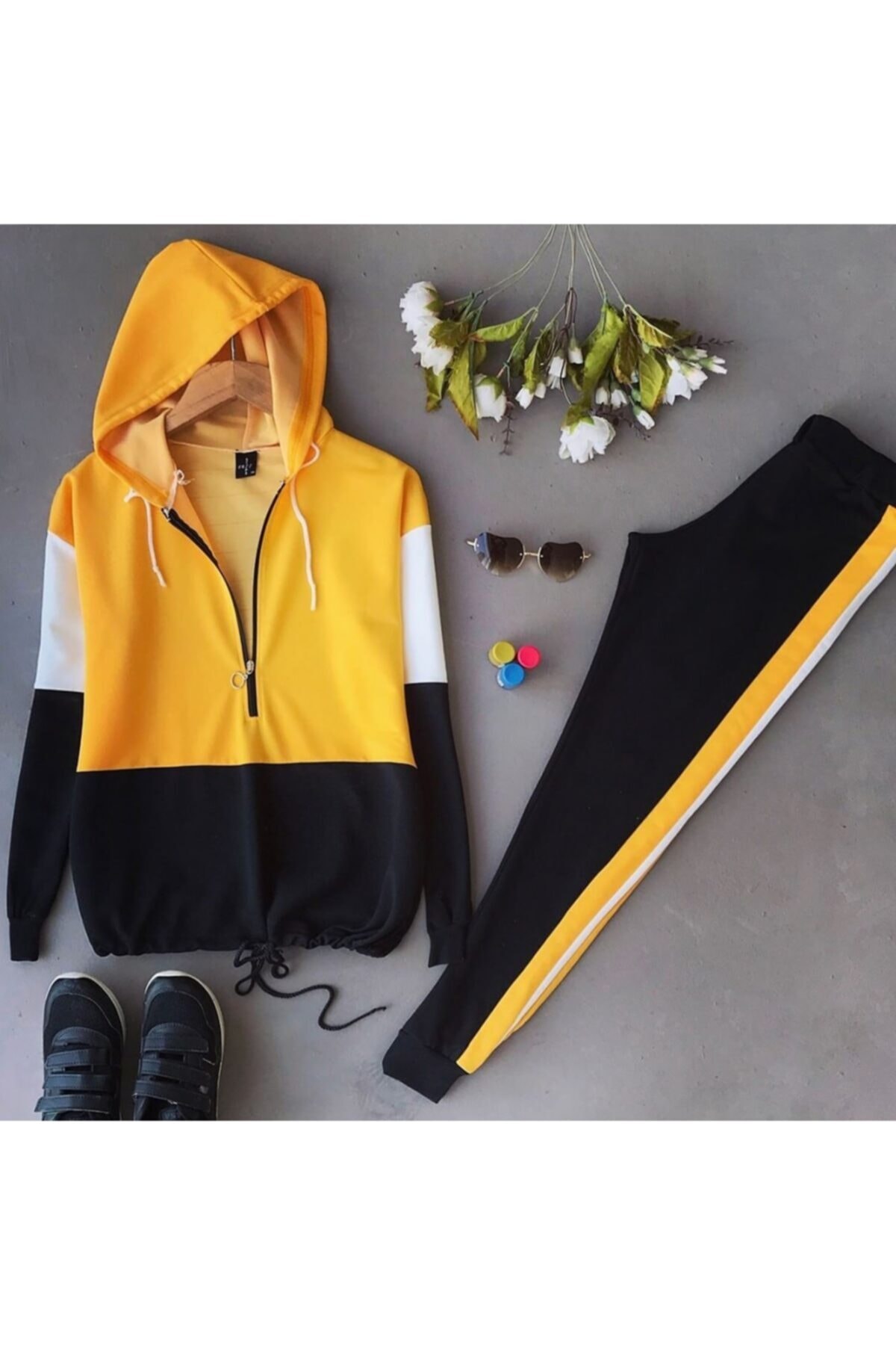HYM BUTİK Kapüşonlu Bayan Baharlık Kumaş Eşofman Takım