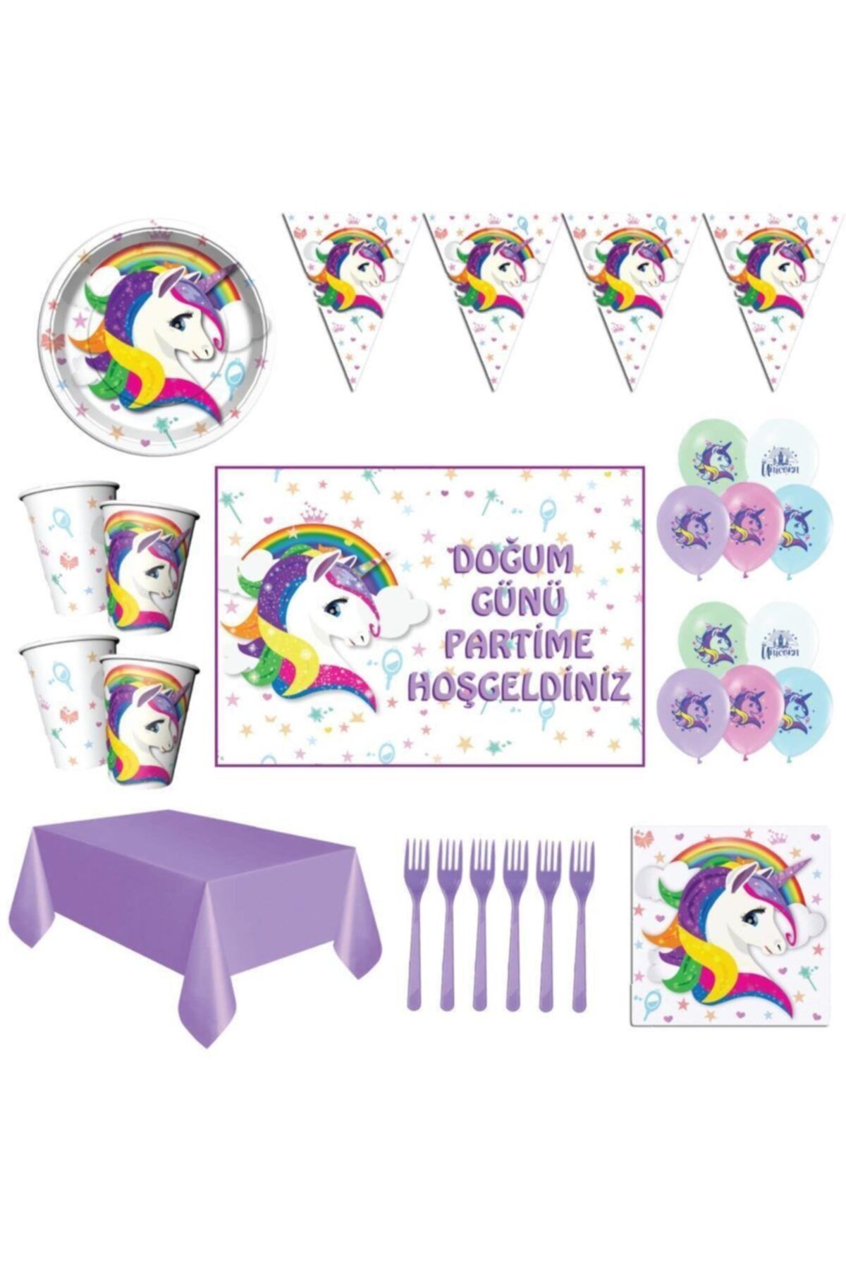 Parti Furyası Unicorn Beyaz 8 Kişilik Doğum Günü Süsleri Afişli