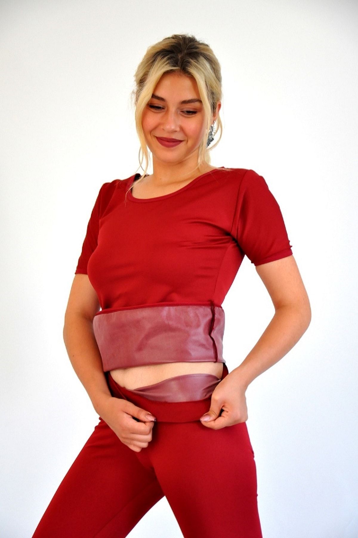FİT1BEDEN Yağ Yakan Zayıflatan Bordo Sauna Termal Takım T-shirt Ve Tayt Termal İçlik Takım