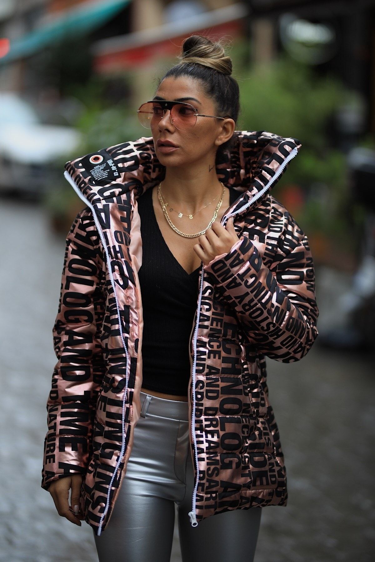 Keyifli Moda Women s Rose Color Stand up Collar Long Shiny Puffer