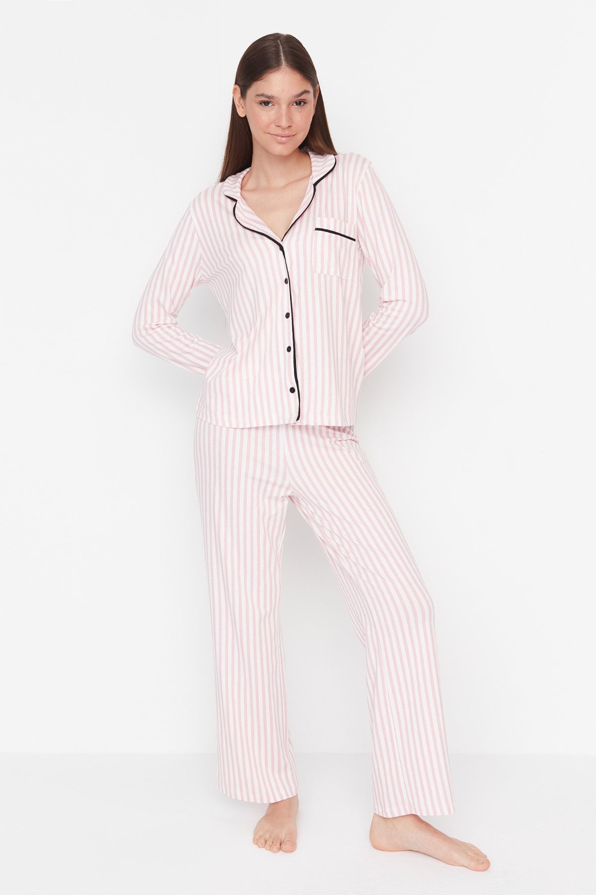 THMAW21PT0614 Trendyol Hemd und aus Pyjama-Set Collection gestricktes mit gestreiftem Puderfarbenes, Baumwolle 100 - % Hose Trendyol