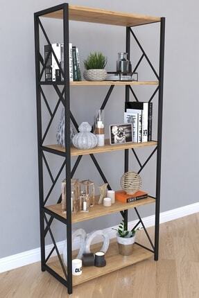 5 Raflı Metal Kitaplık Modern Kitaplık Ofis Rafı Çok Amaçlı Metal Raf - Meşe Image 0