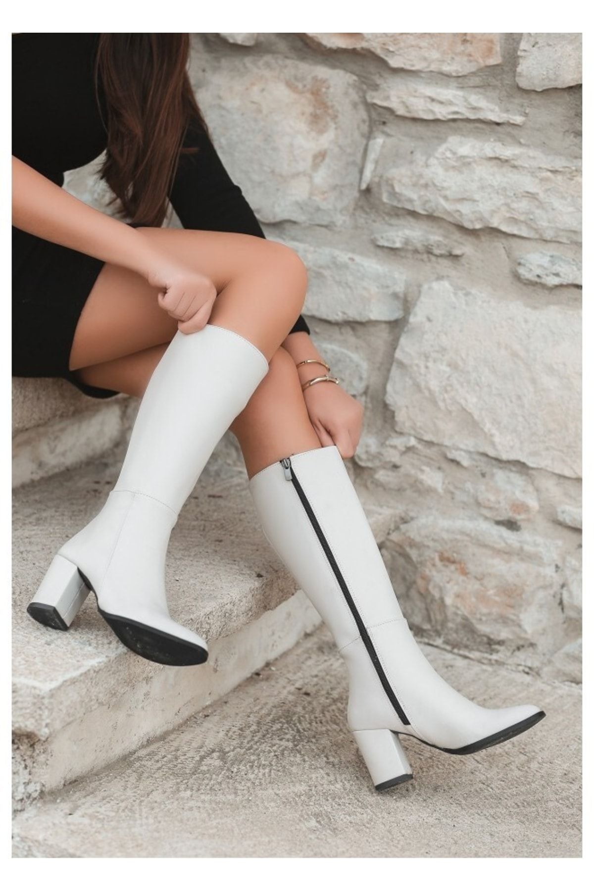 Taf Shoes Women s Black 7cm Heeled Leather Look Boots Trendyol