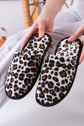 Slipcat Leopar Kadın Önü Kapalı Terlik Peluş Yıkanabilir Kışlık Ev Terliği Misafir Çeyiz Bohça Terliği