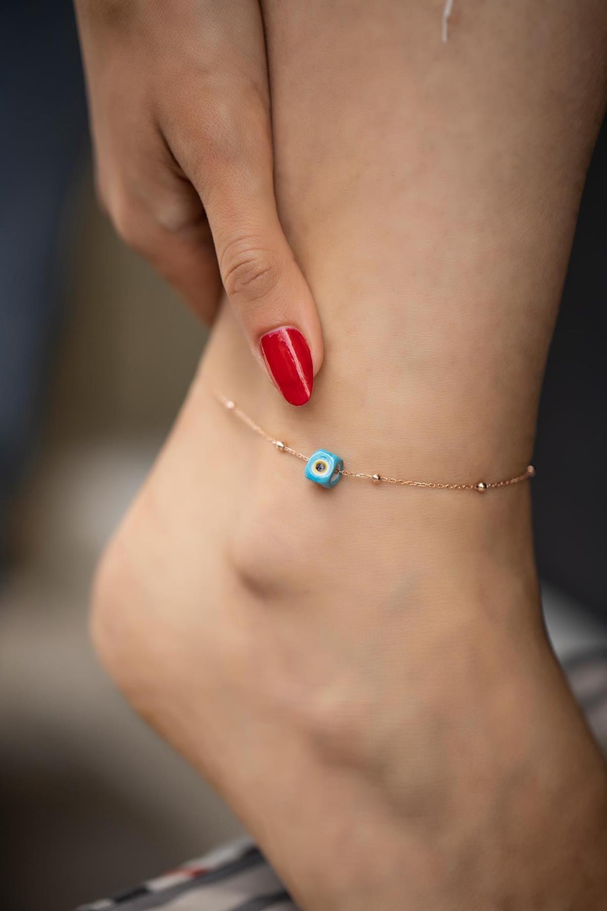 İzla Design Mavi Nazarlık Model Rose Kaplama Toplu Zincir Gümüş Halhal