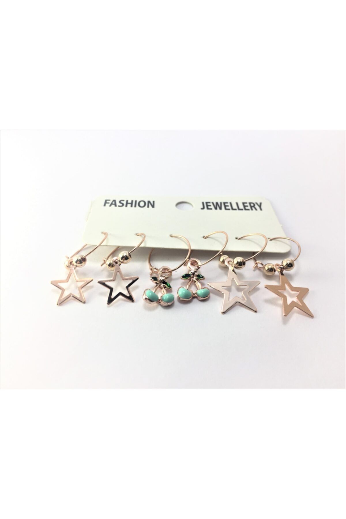 TÜKKAN ACCESSORİES Rose Kaplamalı Mineli Kombin Çoklu Kiraz Küpe  3 Çift