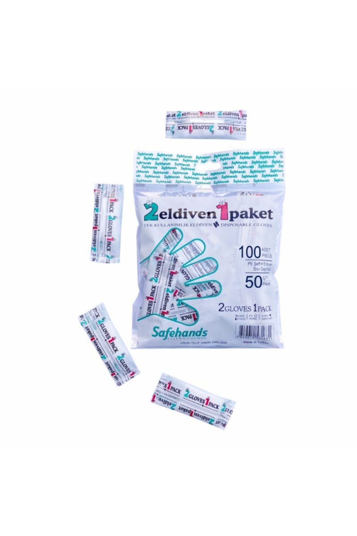 safehands Iki Eldiven Bir Paket (2 Eldiven 1 Paket) Pe Hışır Poşet Şeffaf Eldiven (100 Adet)
