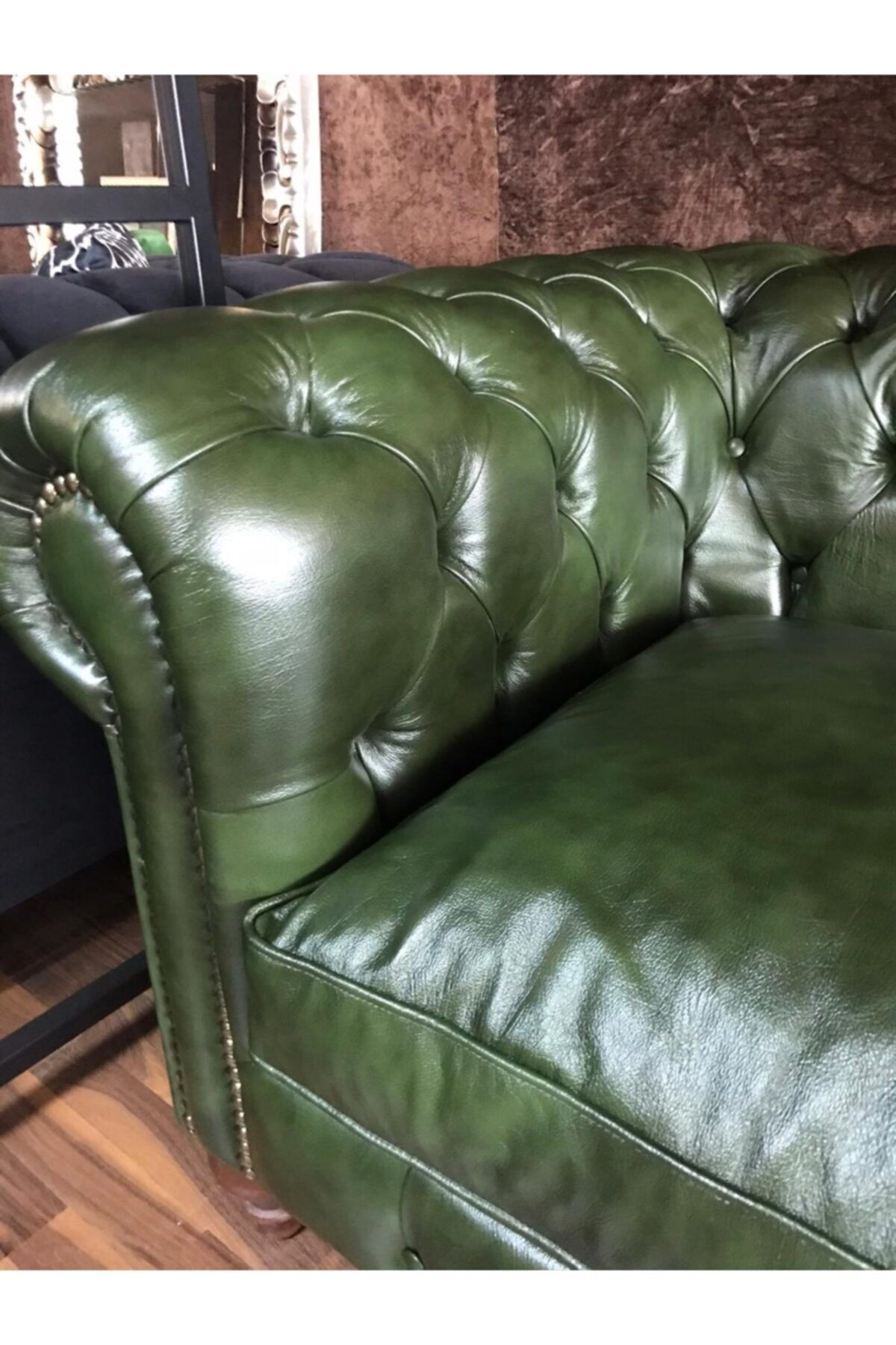 3A Mobilya Maya Yeşil Hakiki Deri Chesterfield