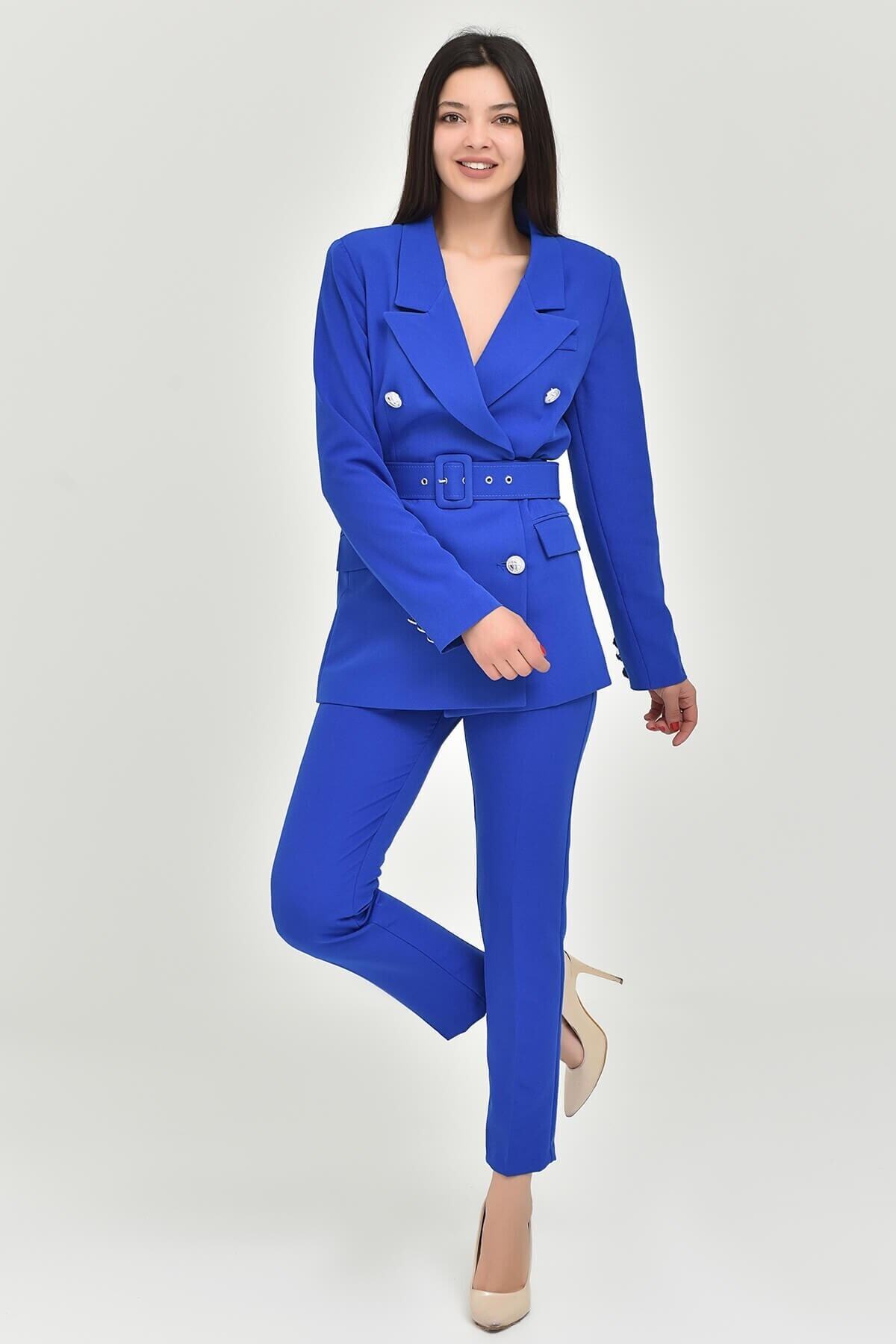 Modakapimda Saks Kemerli Siyah Kemerli Büyük Beden Ceket Pantolon Takım Ceket Pantolon Takım