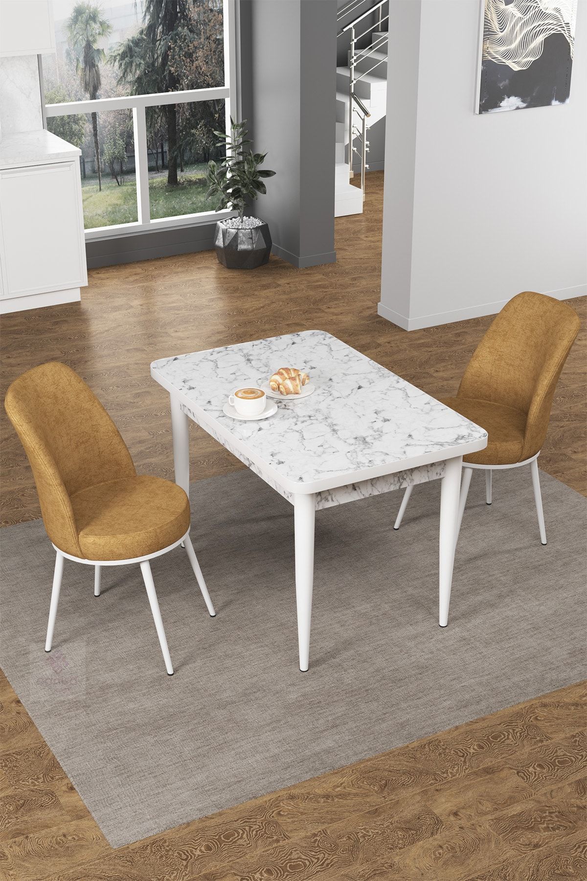 Canisa Concept Nil Serisi Beyaz Mermer Desenli Sabit Mutfak Masa Takımı +2 Adet Cappucino Sandalye