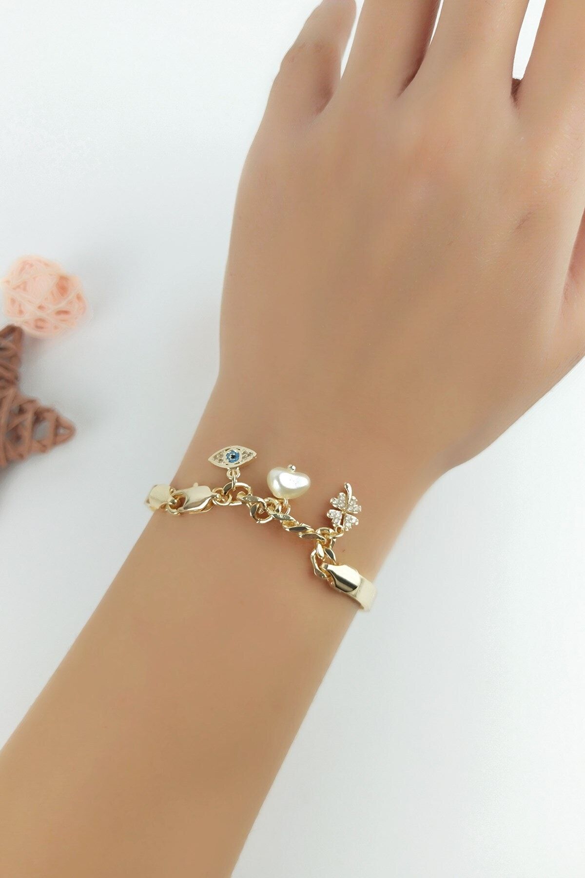 Çlk Accessories Kadın İncili Yoncalı Kelepçe Bileklik B400