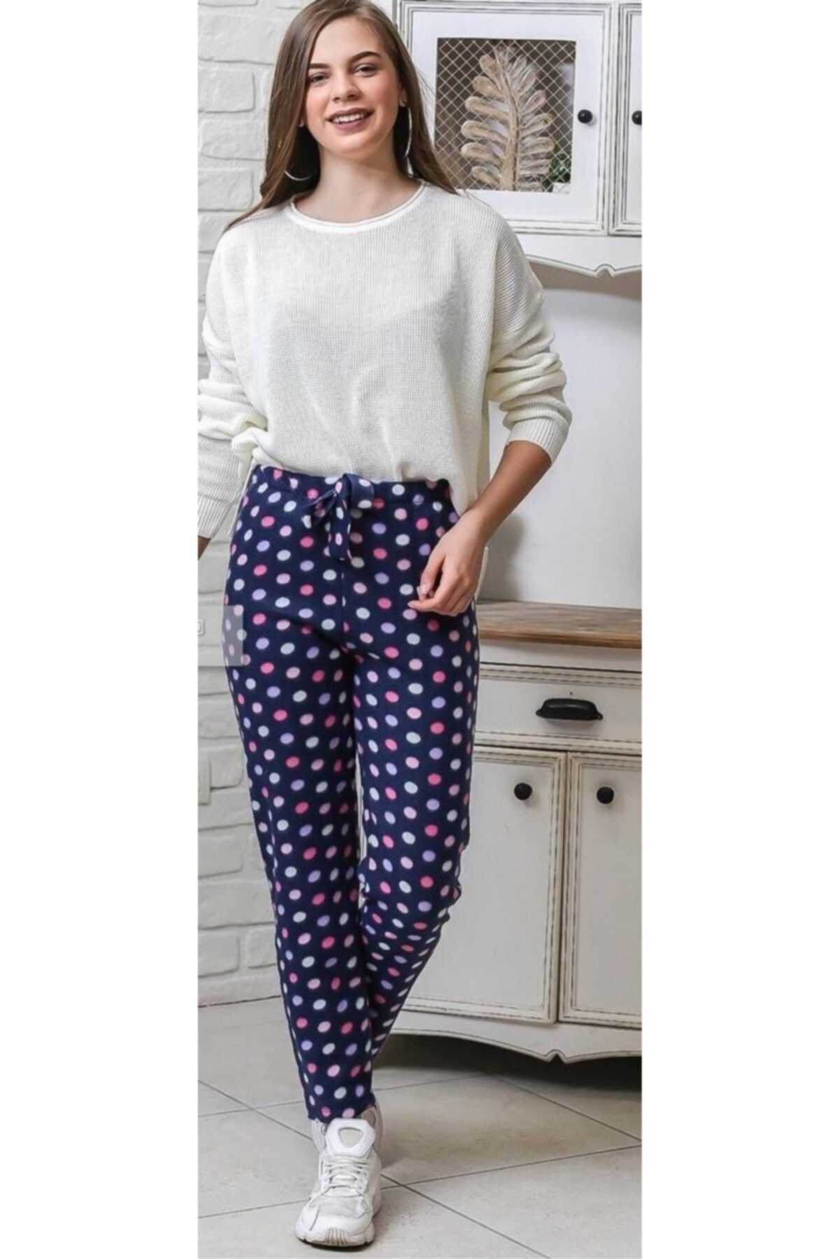 FavoriButik Kadın Lacivert Puantiyeli Yumuşak Dokulu Pijama Altı