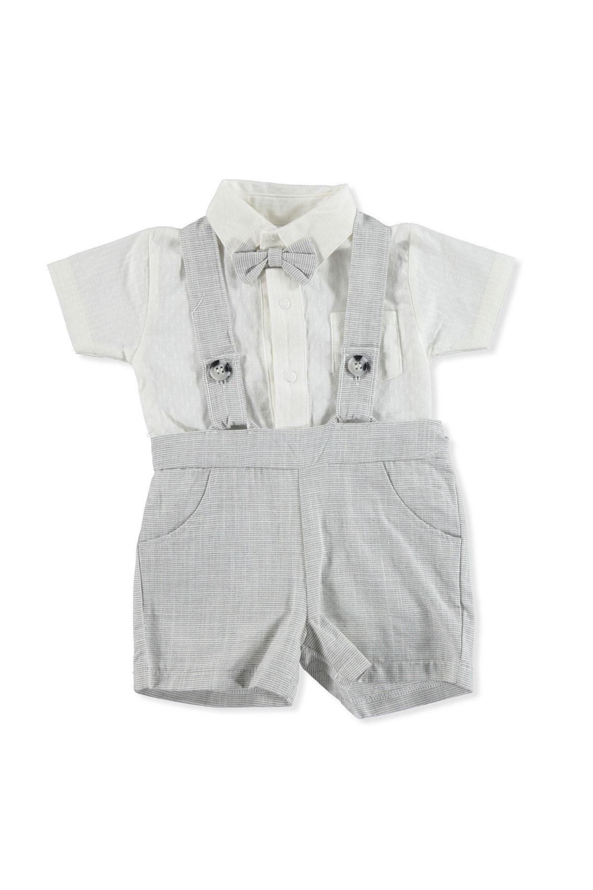 Luggi Baby Erkek Bebek Gri Renk Alttan Çıtçıtlı Gömlek Salopet Takım
