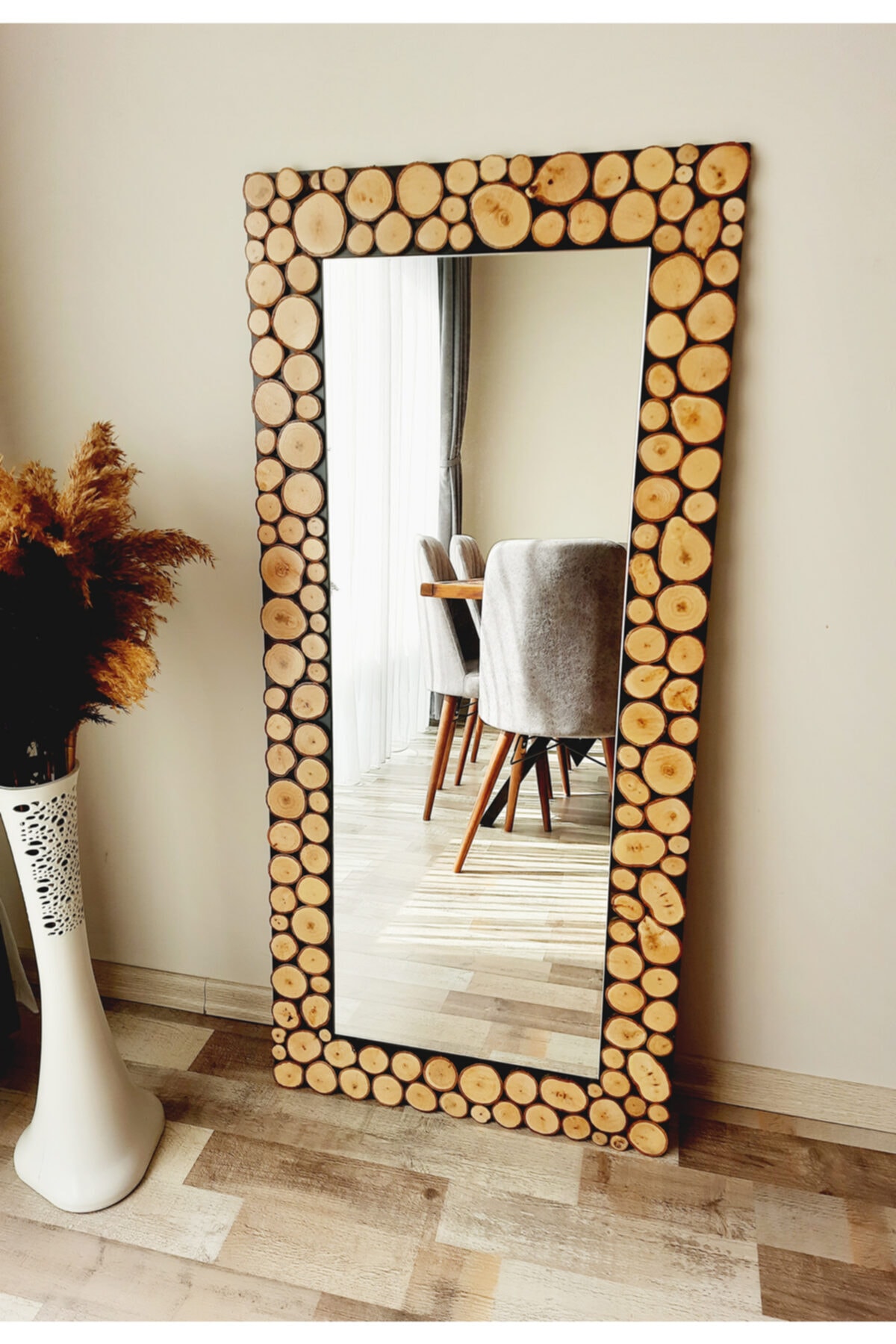 DFN WOOD Doğal Ahşap Dikdörtgen Dekoratif Duvar Salon Boy Aynası 140x70 Cm