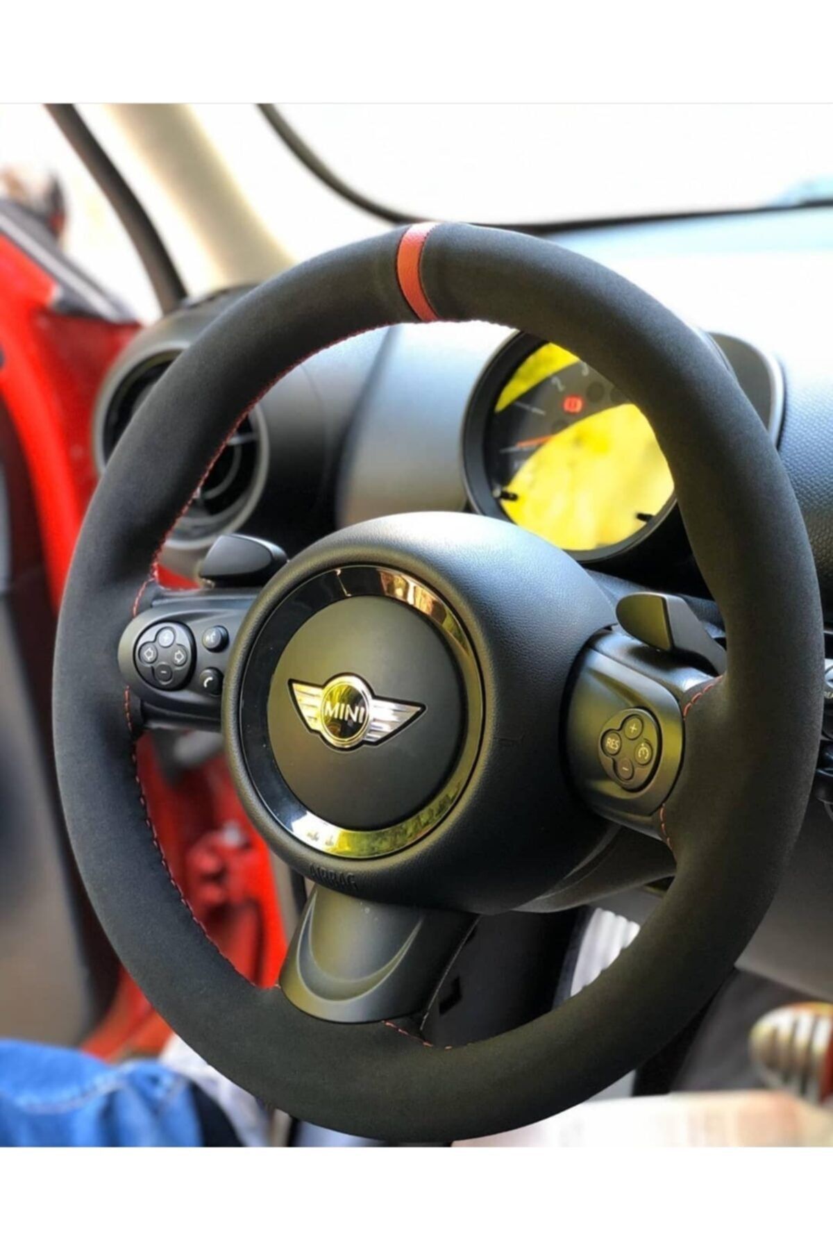 M&R OTO KILIF AKSESUAR Mini Cooper Kırmızı Yüzüklü Alcantara Nubuk Deri Direksiyon Kılıfı