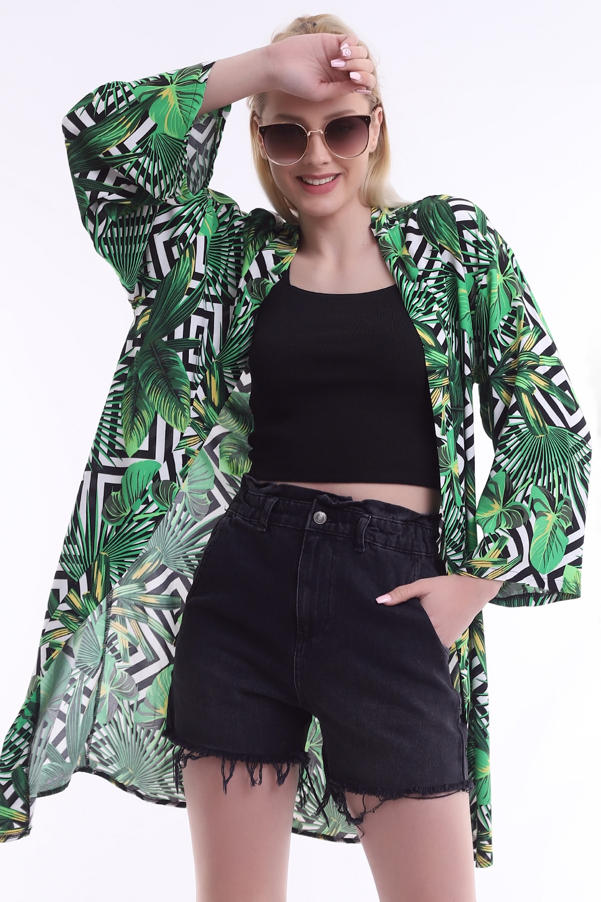 ARYA FASHION Kadın Yeşil Geometrik Yaprak Desenli Uzun Kol Kimono