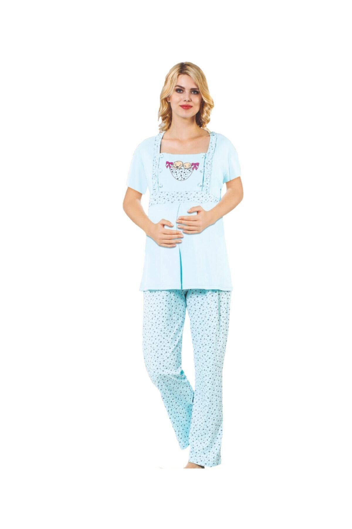 BOYRAZ Hamile Pijama Takımı Emzirmeli Kısa Kol Mavi Takım 7102