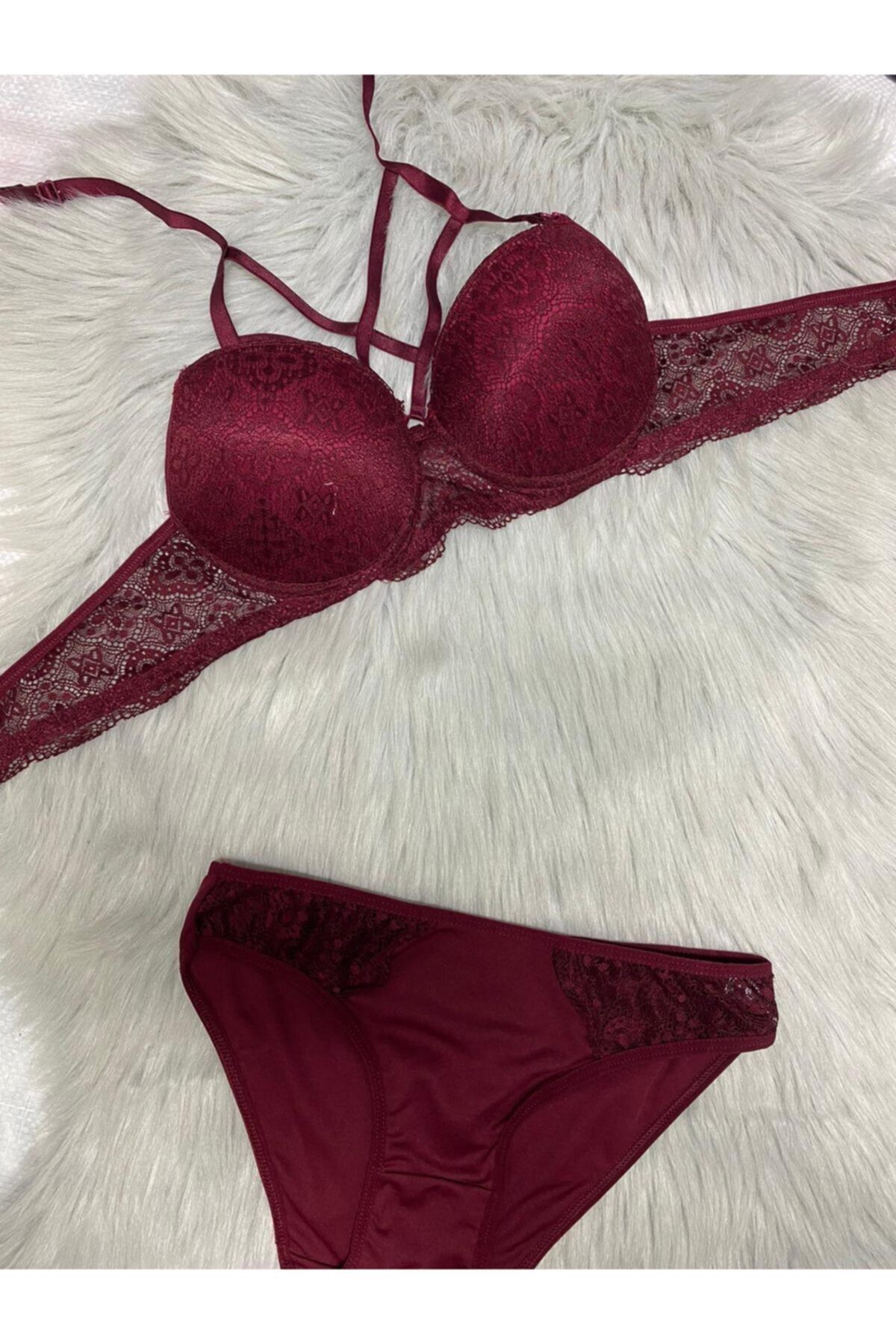 TALAS Kadın Bordo Çapraz Iki Ipli Dantelli Dolgulu Bralet Takım Push Up Çeyizlik Sütyen Külot Takım