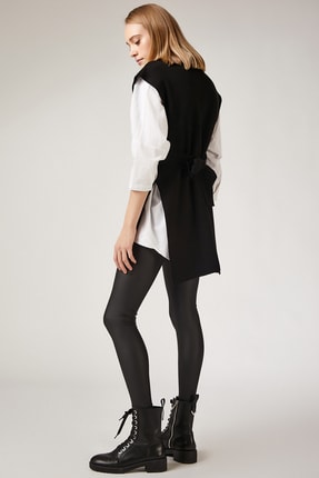Kadın Siyah V Yaka Kuşaklı Uzun Triko Süveter US00185 Image 1