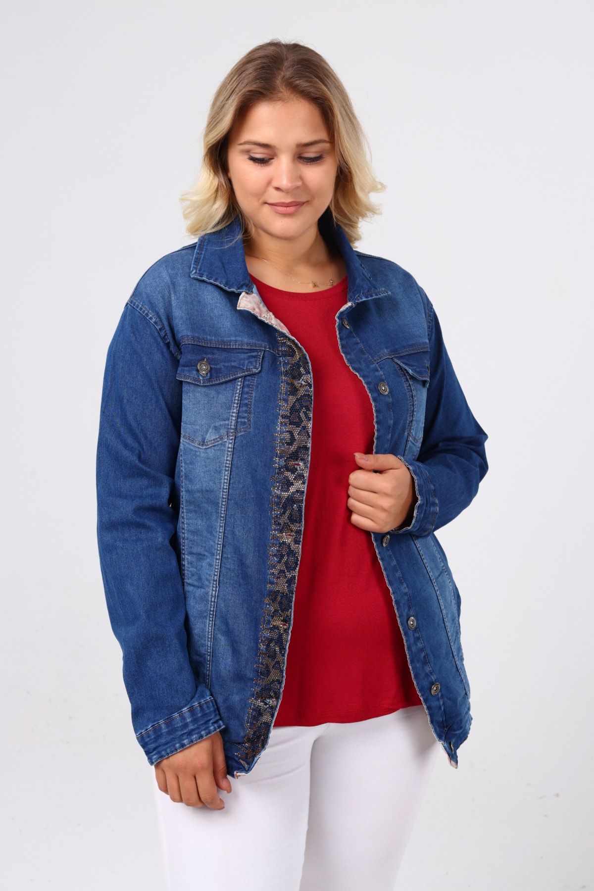 Womens plus size red denim jacket outlet
