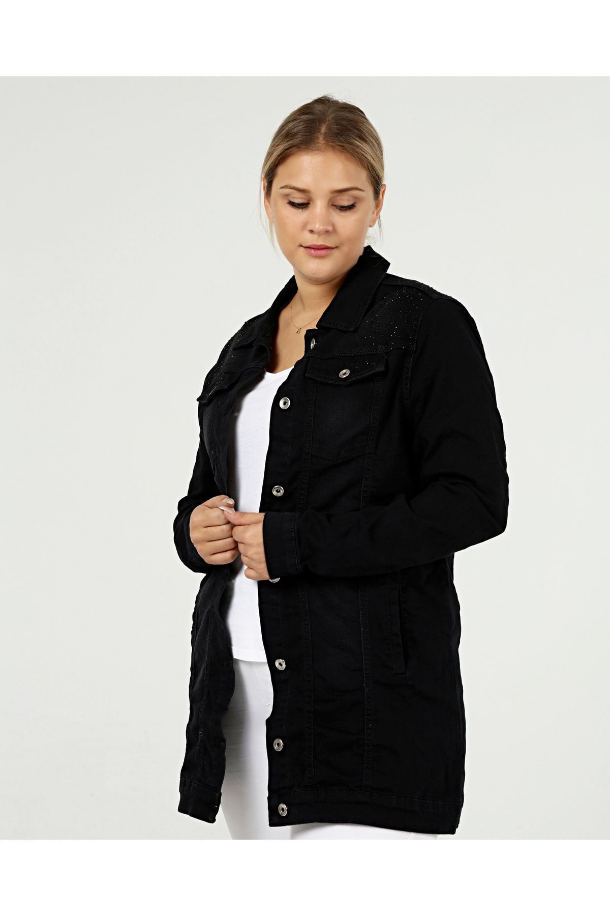 Black longline cheap denim jacket