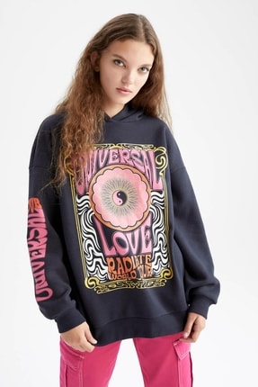 DeFacto Oversize Fit Kap&uuml;şonlu Baskılı Kalın Kumaş Sweatshirt