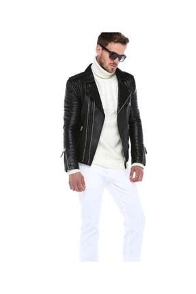 Hakiki Deri Erkek Siyah Spor Deri Ceket Image 6