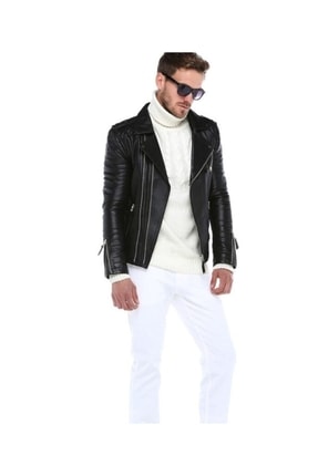Hakiki Deri Erkek Siyah Spor Deri Ceket Image 7